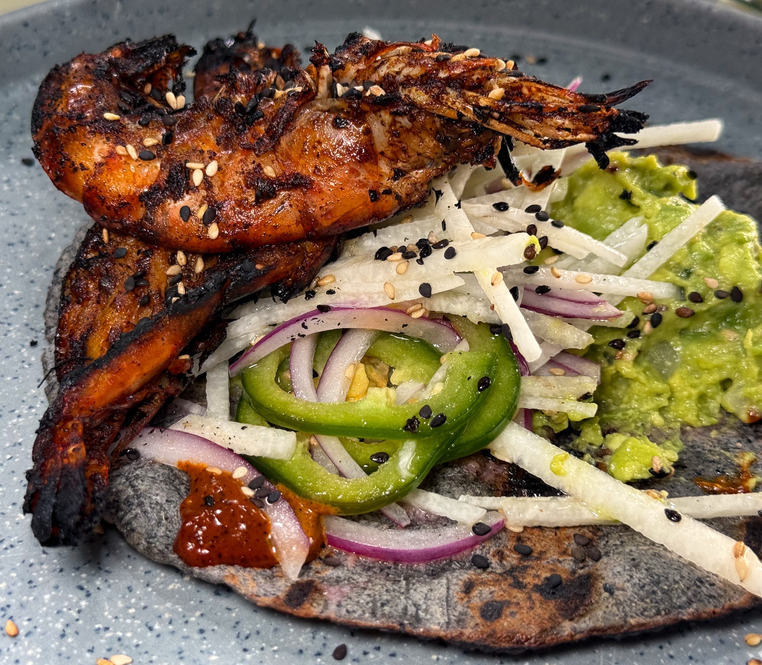 Tacos de La Baja Camaron Zarandeado (Baja-Style Zarandeado Shrimp Tacos)- Baja Norte Food Bar 