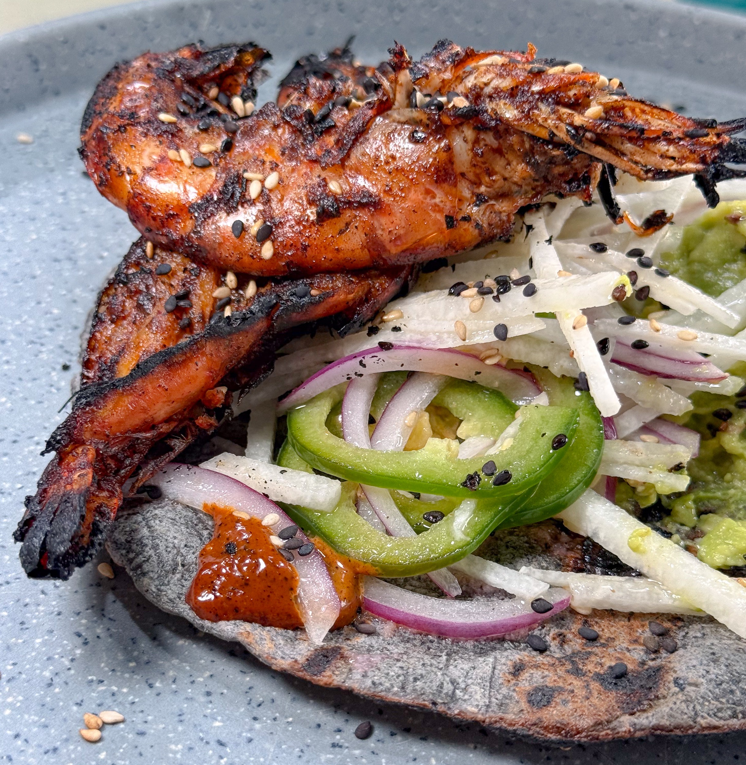 Tacos de La Baja Camaron Zarandeado (Baja-Style Zarandeado Shrimp Tacos)- Baja Norte Food Bar 