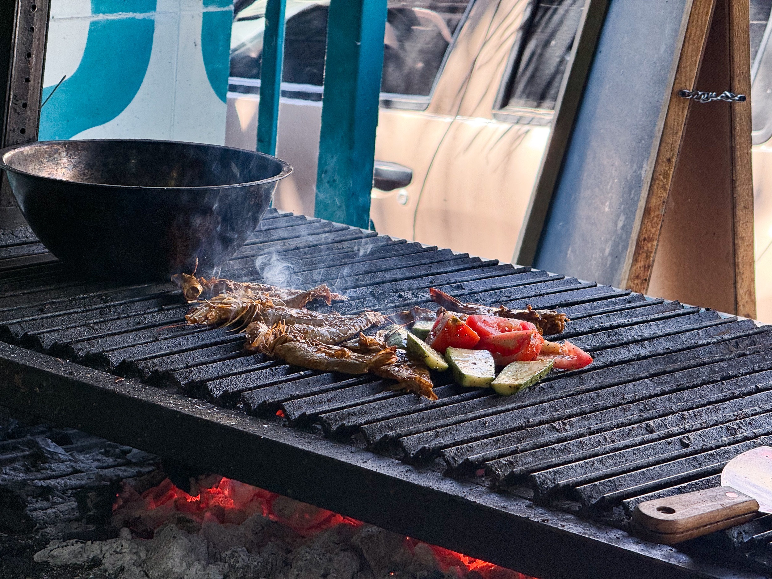 Camarones Zarandeados con Verduras Asadas (Zarandeado-Style Shrimp with Roasted Vegetables) Baja Norte Food Bar
