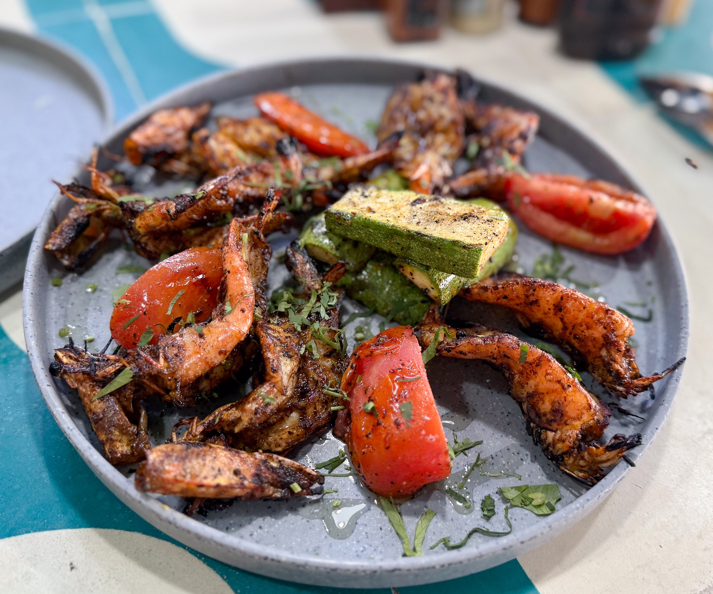 Camarones Zarandeados con Verduras Asadas (Zarandeado-Style Shrimp with Roasted Vegetables) Baja Norte Food Bar