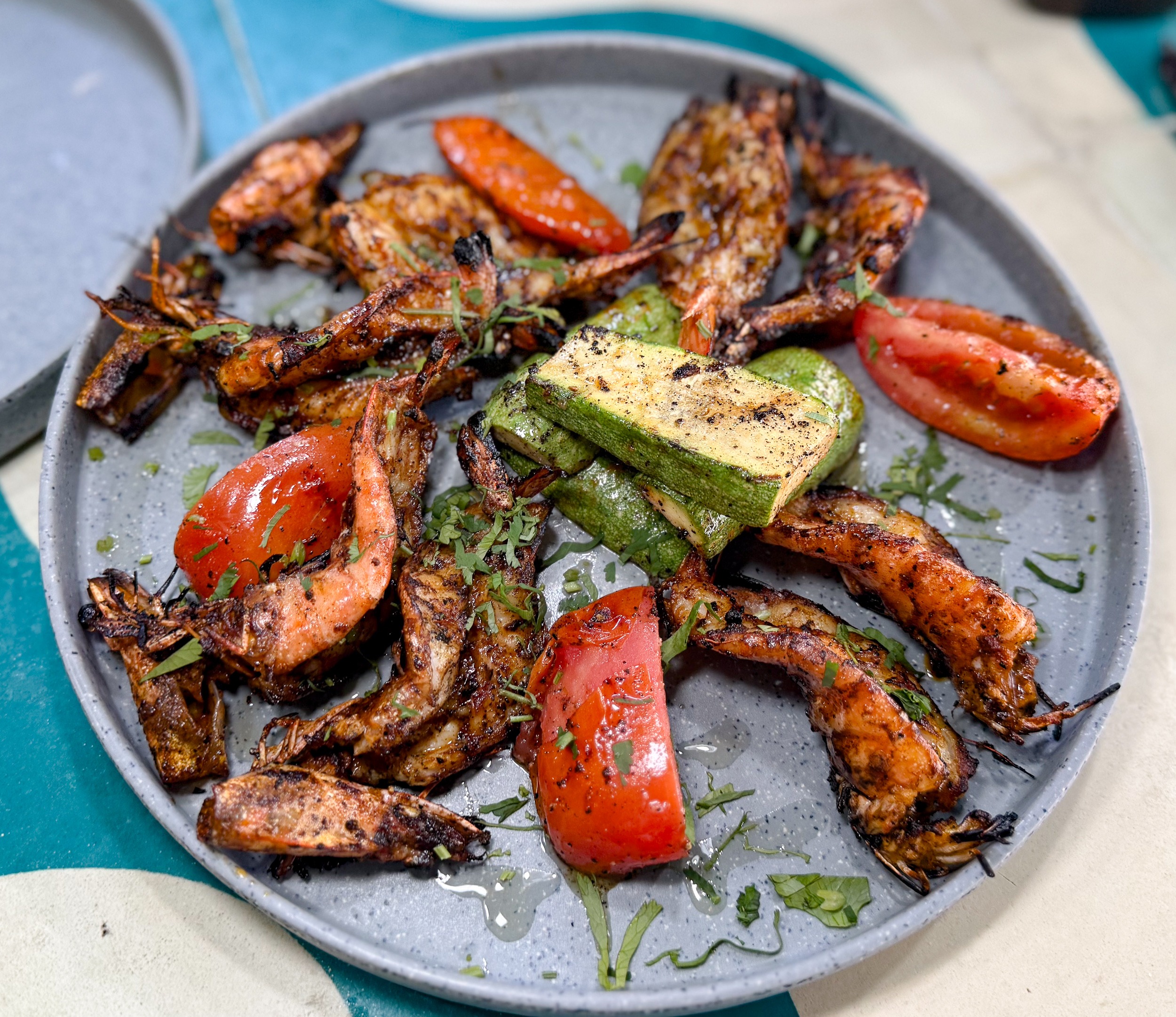 Camarones Zarandeados con Verduras Asadas (Zarandeado-Style Shrimp with Roasted Vegetables)Baja Norte Food Bar