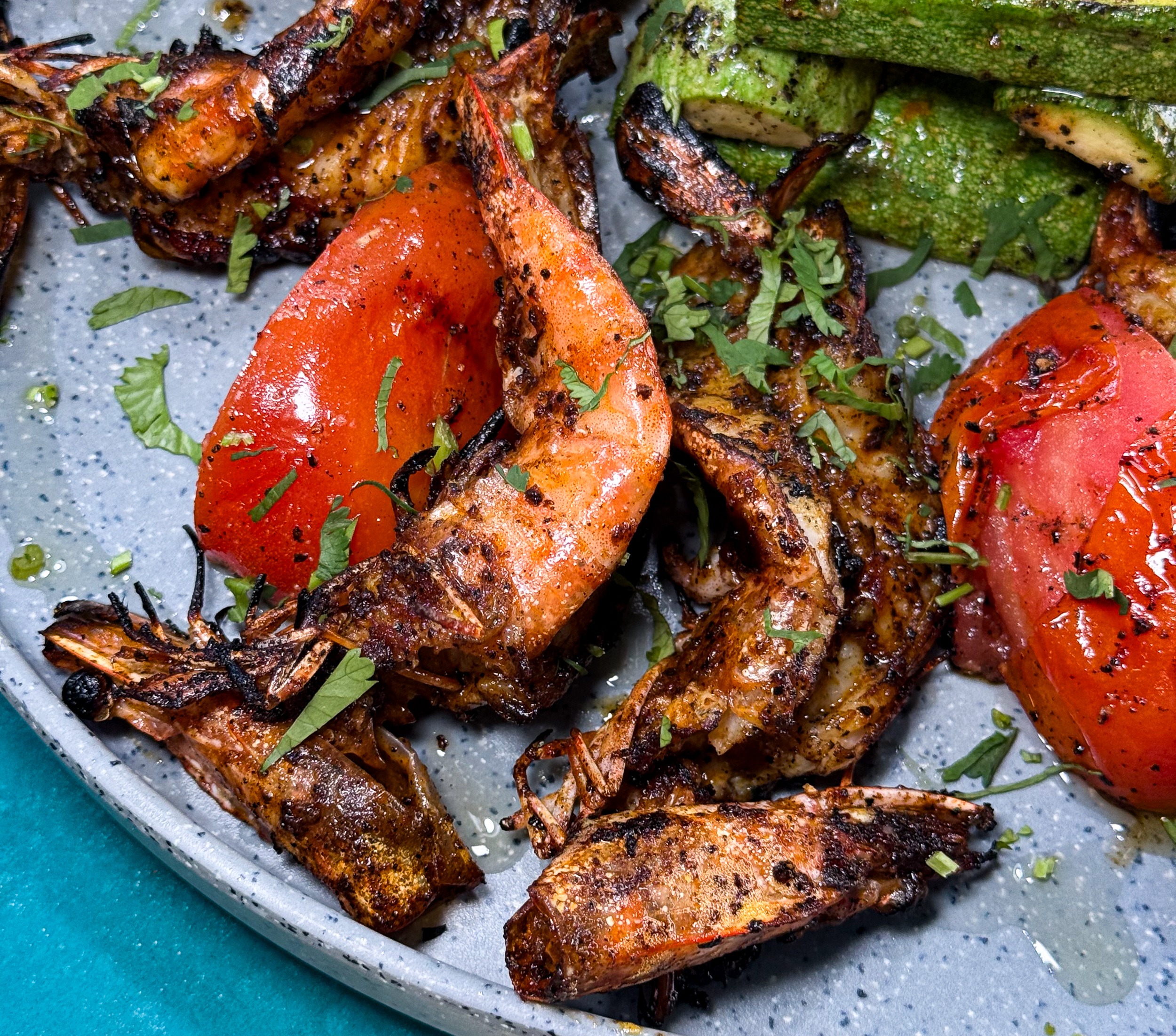 Camarones Zarandeados con Verduras Asadas (Zarandeado-Style Shrimp with Roasted Vegetables) Baja Norte Food Bar